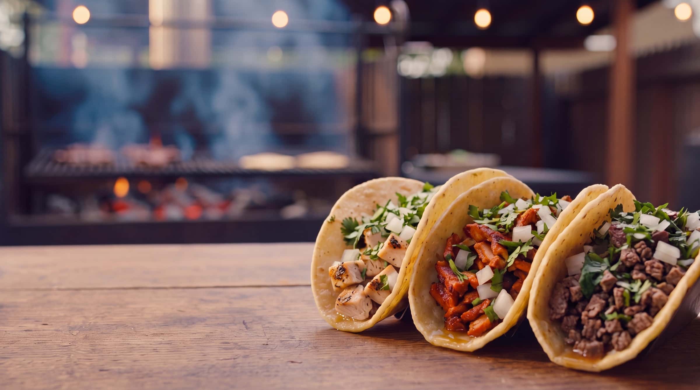 Chicali Tacos carne asada, al pastor, and chicken tacos beside the mesquite grill
